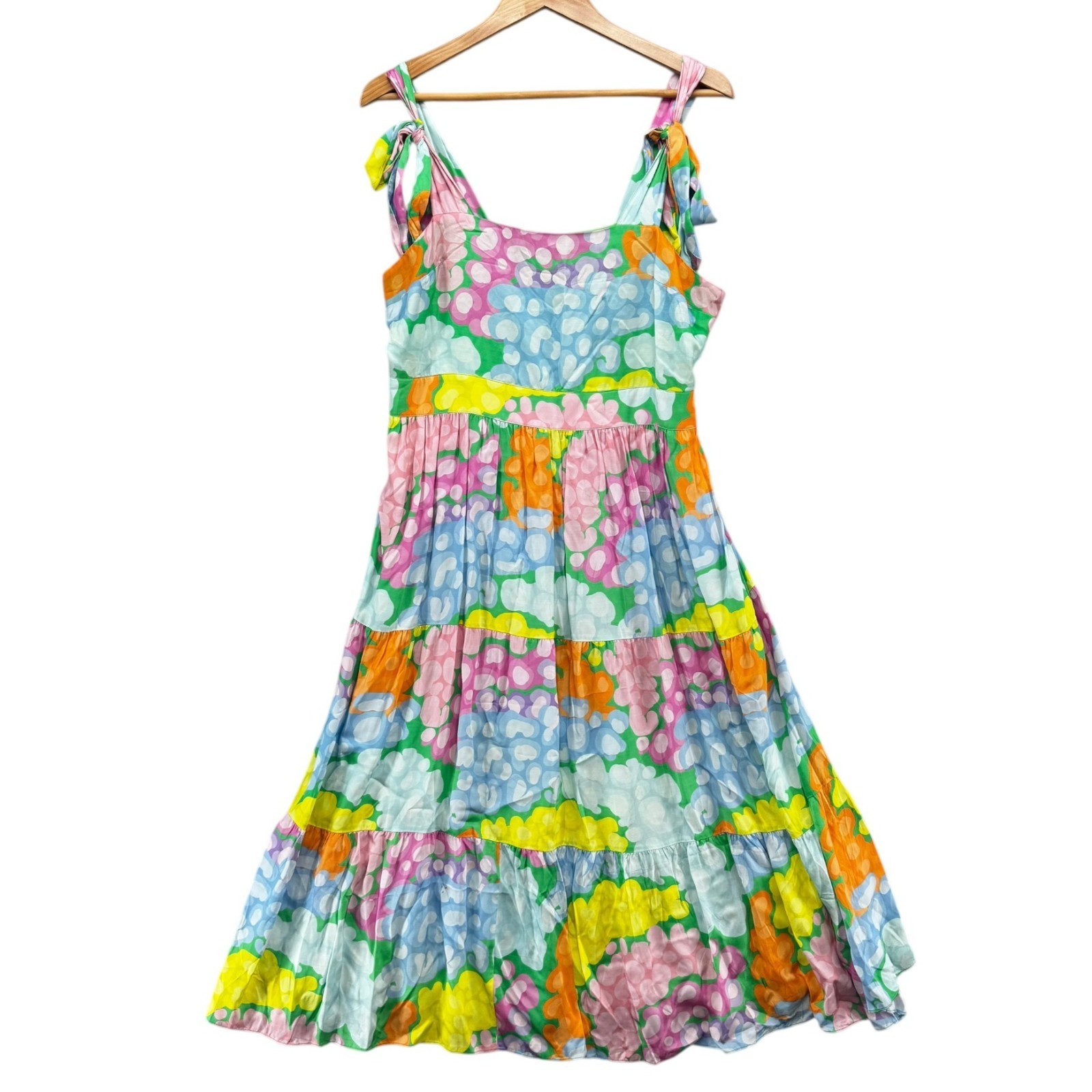 Emily McCarthy Empire Midi Dress Multicolor Floral Sleeveless Tiered Pocket Sz L
