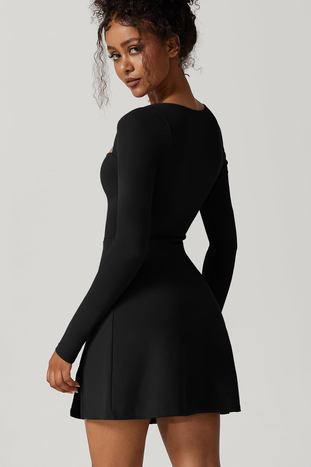 QINSEN Woman’s Solid Black Mini Dress Long Sleeve Square Neck Stretch Flare
