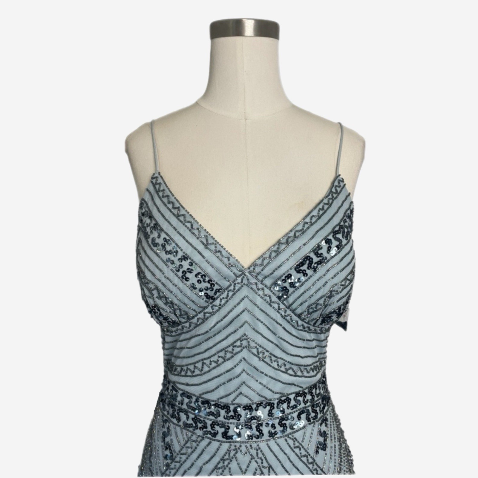 Marina NWT light blue beaded mesh v neck gown bridesmaid princess castlecore 6