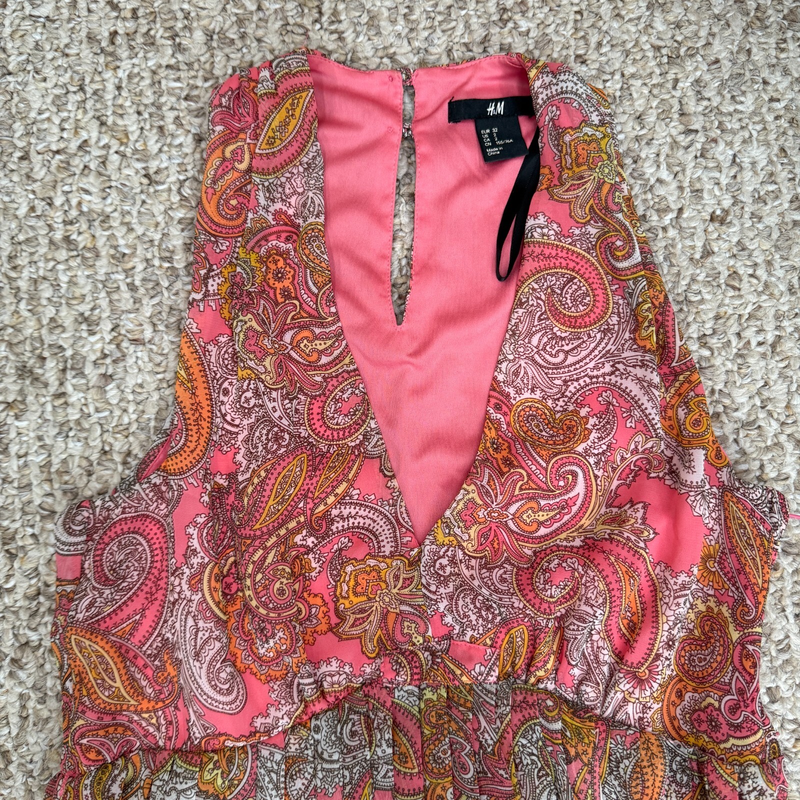H&M Dress Pleated Deep V Neck Sleeveless Paisley Sz 2 Lined Button Zipper