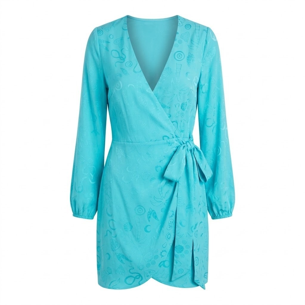 NEW Never Fully Dressed US Size 4 Blue Jacquard Wrap Mini Dress Celestial