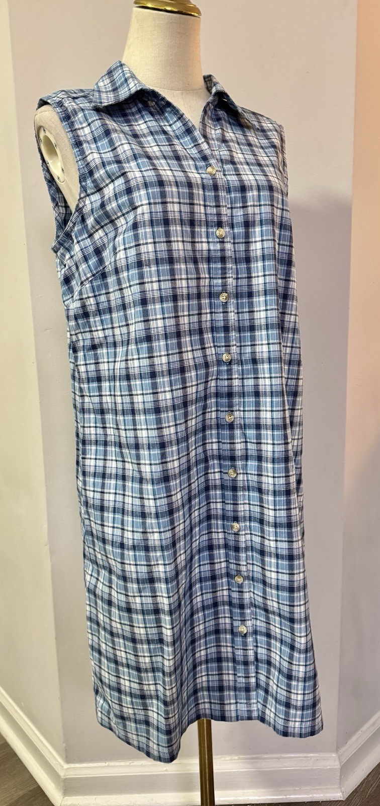 Sz L Eddie Bauer 100% Cotton Blue Plaid Tank Dress Collar Preppy Outdoor Classic