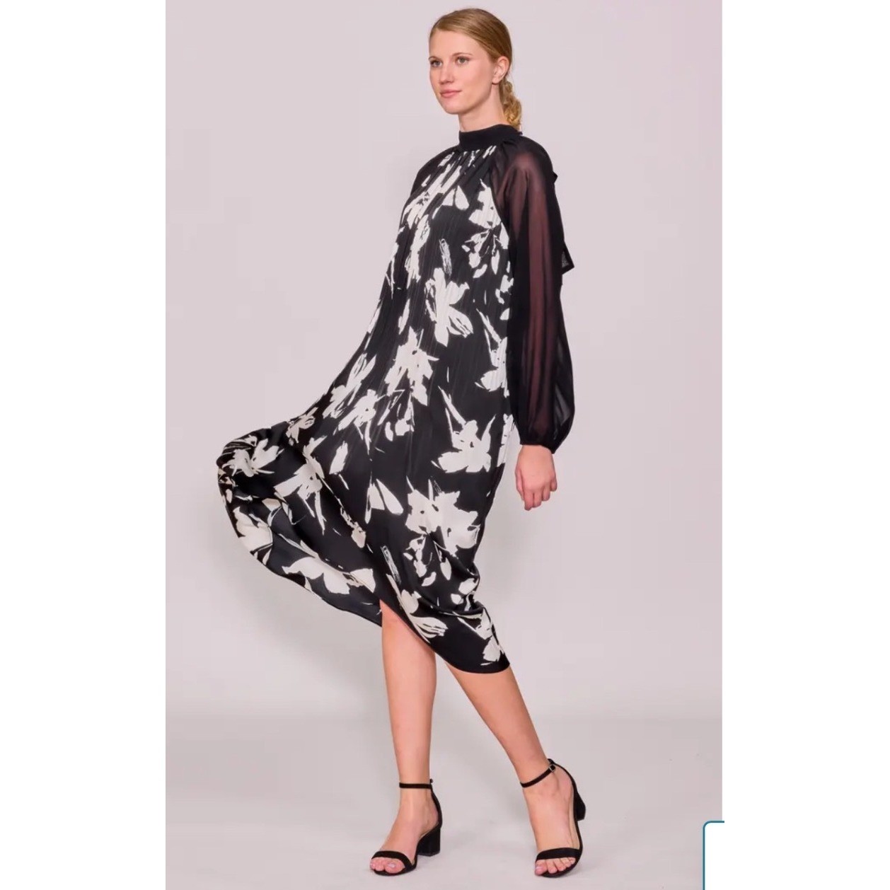 Melloday pleated mixed media dress Black White High Neck Sheer Sleeve Bow Back