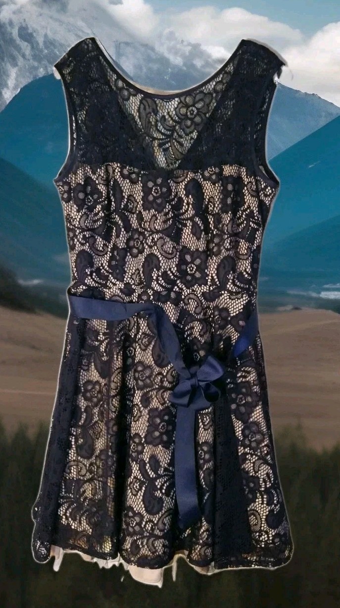 JADE WOMEN’S/MISSES SIZE LARGE DRESS DARK MIDNIGHT BLUE LACE TAN LINING NWOT