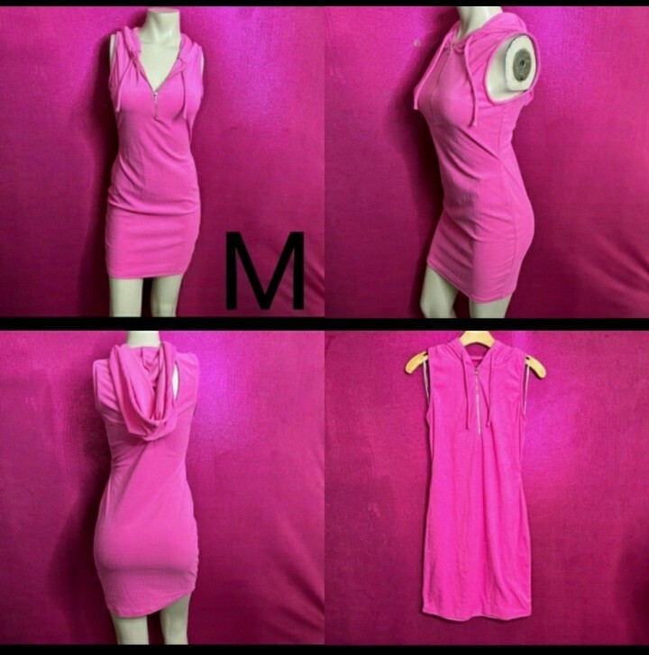 🆕Pink Front Zipper Open Cut-Out Back Bodycon Hoodie Mini Dress Size M