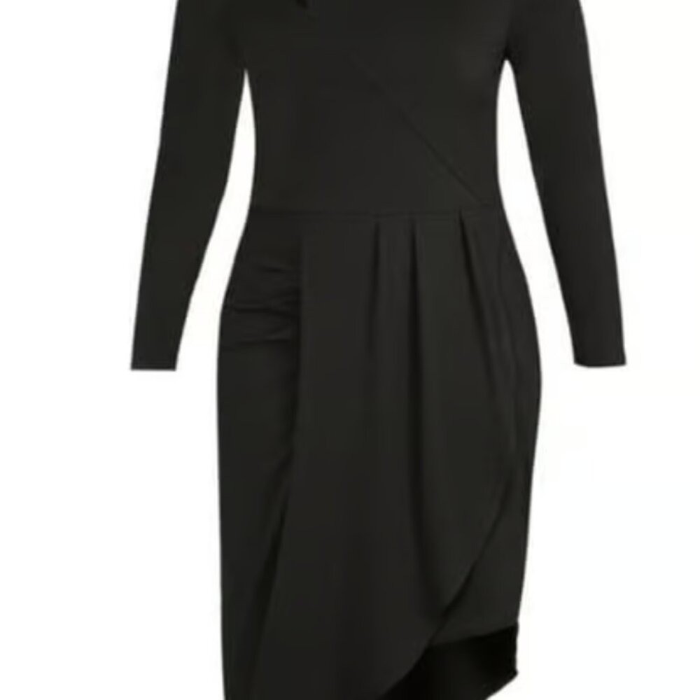 City Chic Black Long Sleeve Asymmetrical Cutout Midi Dress Ruching Size L(20)