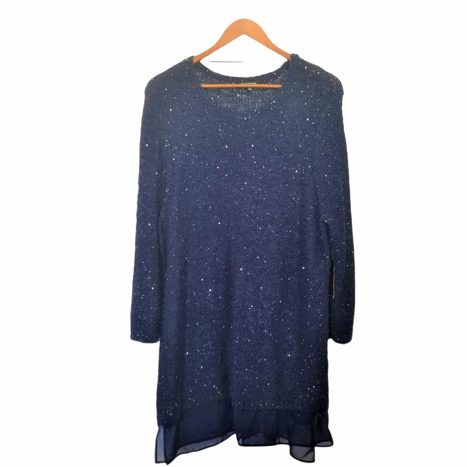 Relativity Knit Tunic with sequins and Nylon ruffle down Hem, blue – Size 2X