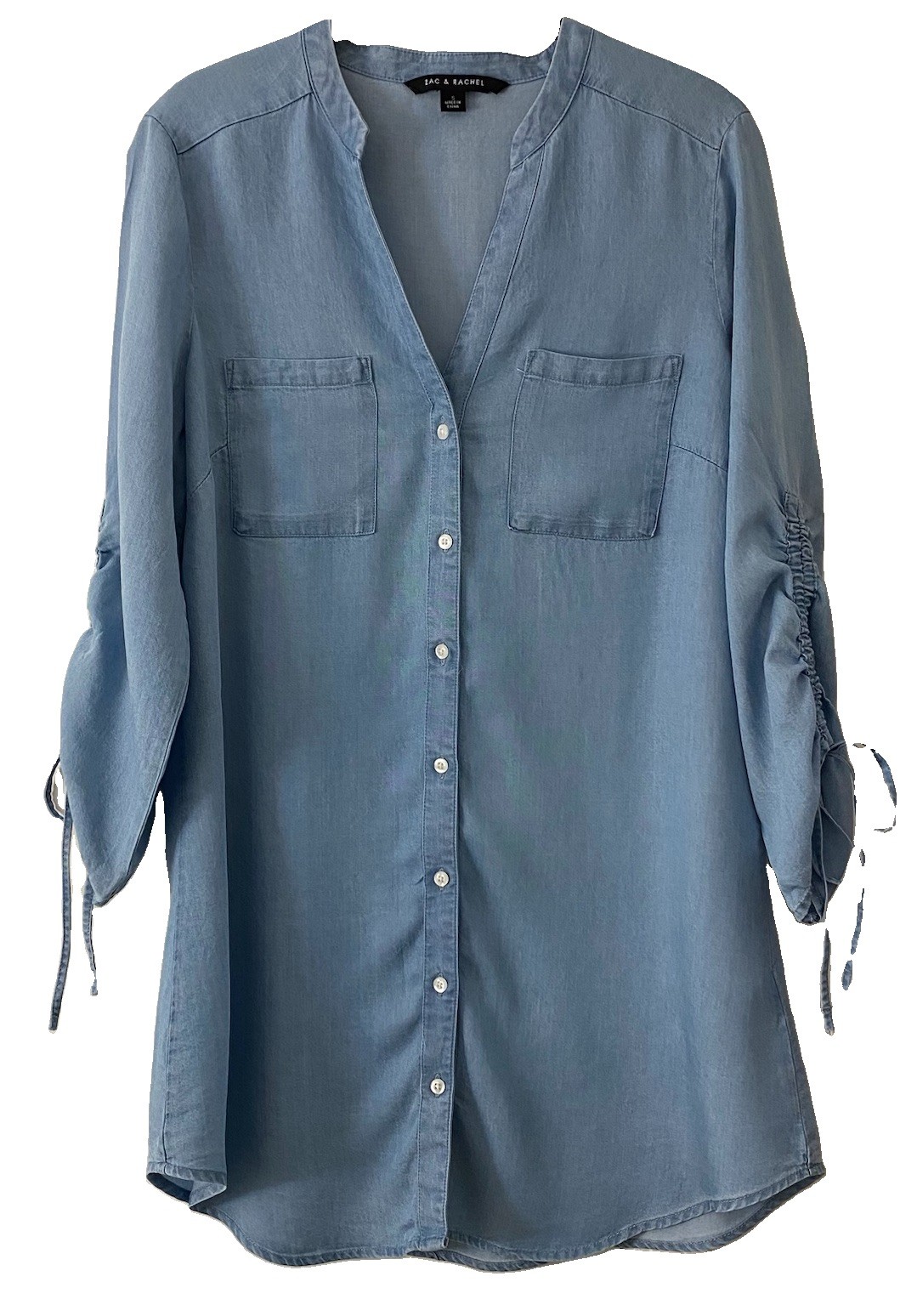 Zac & Rachael Sz S Chambray Dress/Tunic Top Gathered Tie Sleeved Button Up