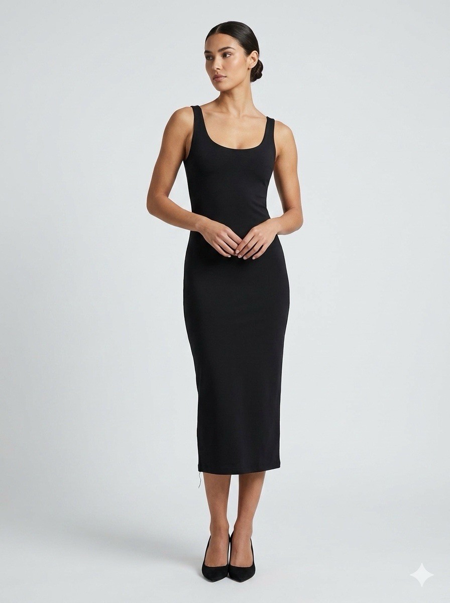 Black Dress Cotton Blend Midi Sleeveless Minimalist Size Small Stretch
