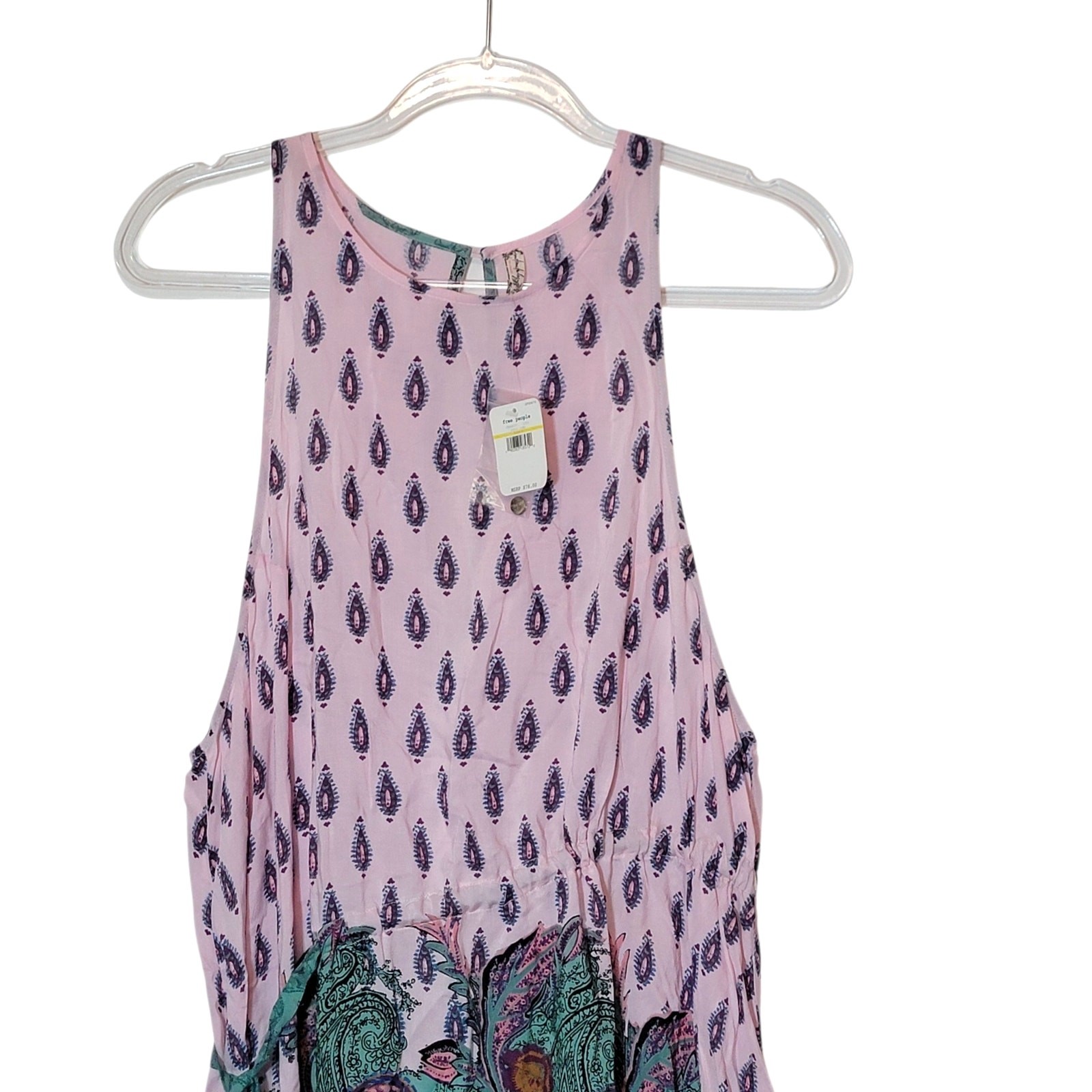 Free People NWT Paisley Boho Asymmetrical Tie Waist Dress Pink Teal Orange M
