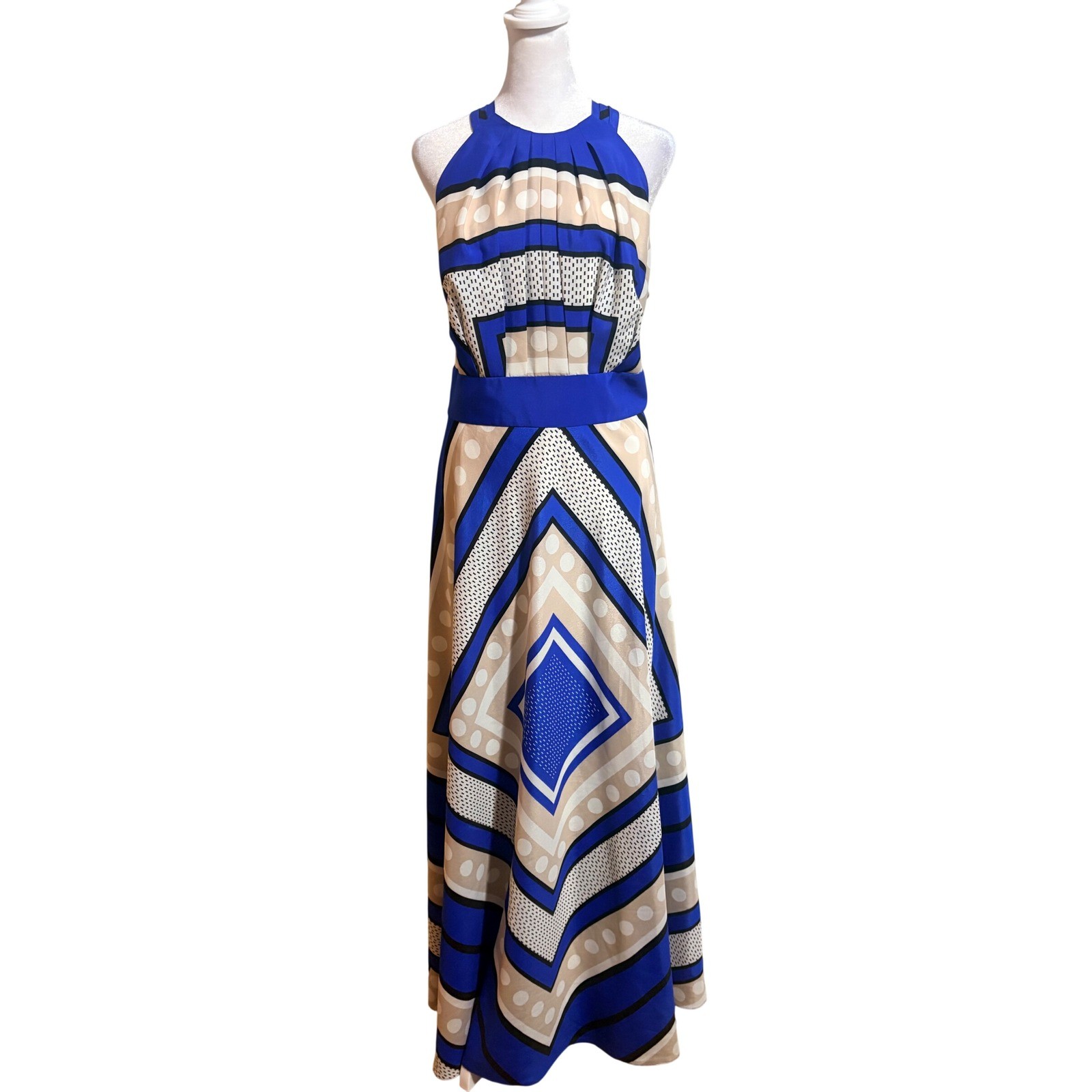 Eliza J Maxi Dress 16W Blue Excellent Geometric Scarf Print Halter Tie Back