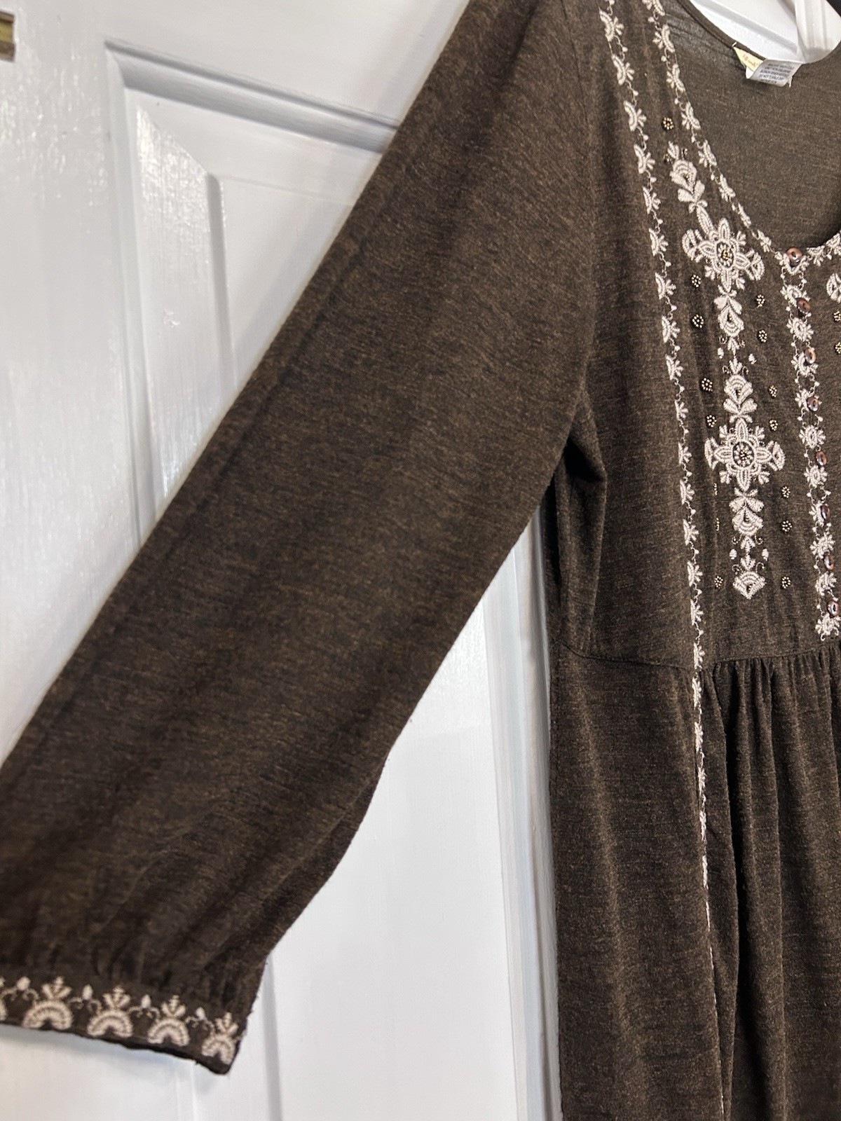 Sweet Magnolia Womens Large Embroidered Boho Dress Prairie Beaded Brown Cottage