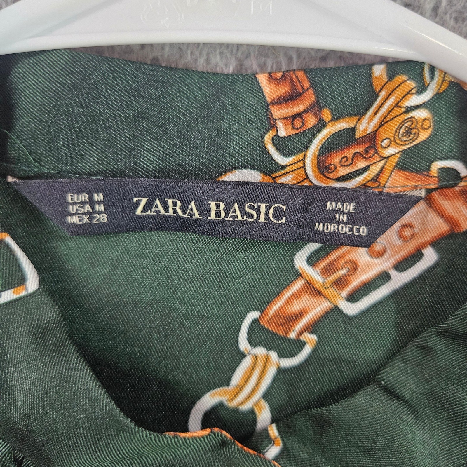 Zara Basic Green Equestrian Chain Belt Print Pleated Mini Dress Womens Sz M NEW
