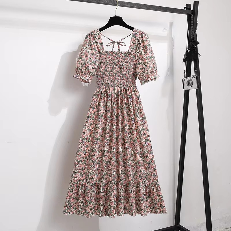 Chic Spring Summer Chiffon A-Line Dress with Elastic Waist and Short Sleeves