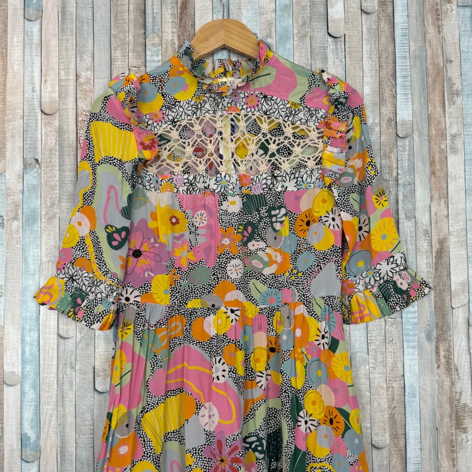 Celia B Sunny Dress Colorful Floral Crochet Lace High Ruffle Neck Tiered Midi M