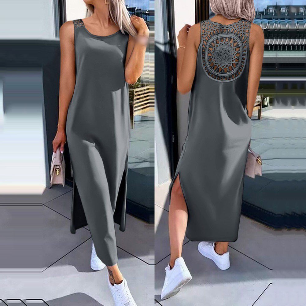 Women’s Openwork Sleeveless Slit Vest Dress Over The Knee