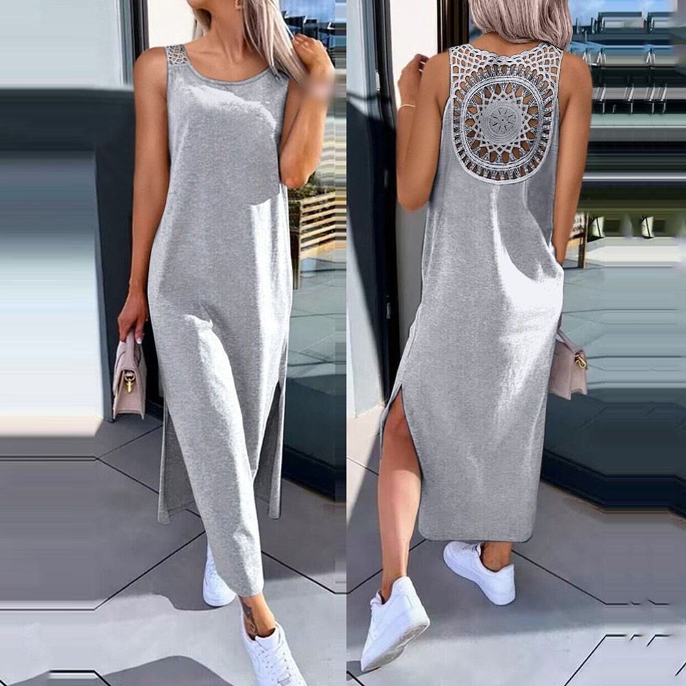 Women’s Openwork Sleeveless Slit Vest Dress Over The Knee