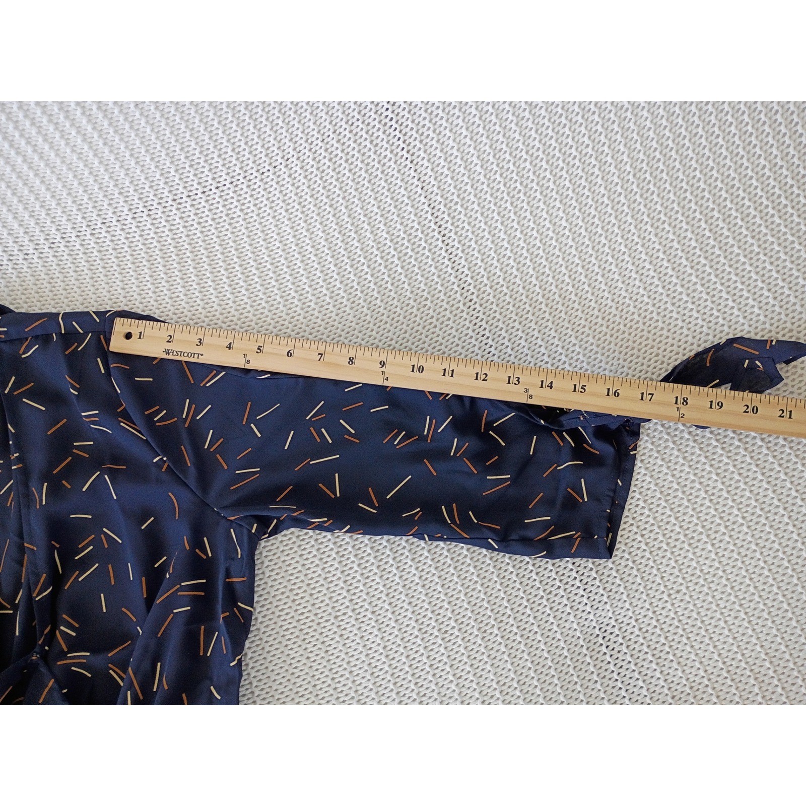 Memuse Whimsical Navy Blue Abstract Print Wrap Mini Dress Short Sleeve S/M NWOT