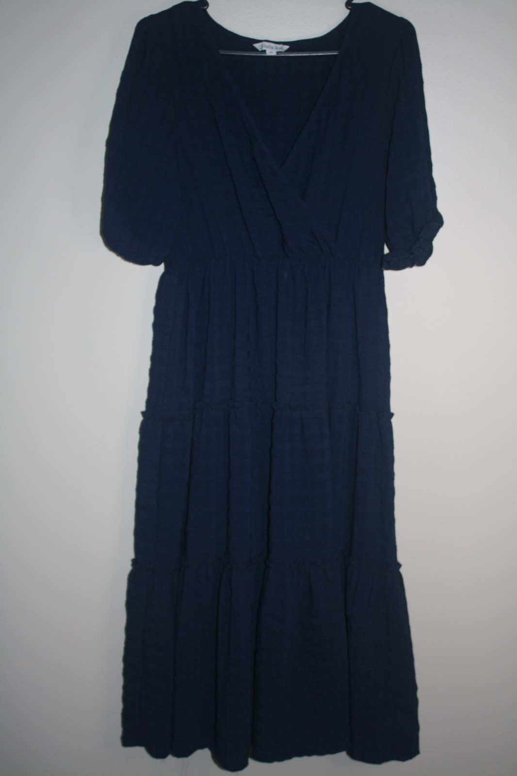 New Womens Ophelia Roe Dress Medium Blue Short Sleeve Faux Wrap Tiered Maxi