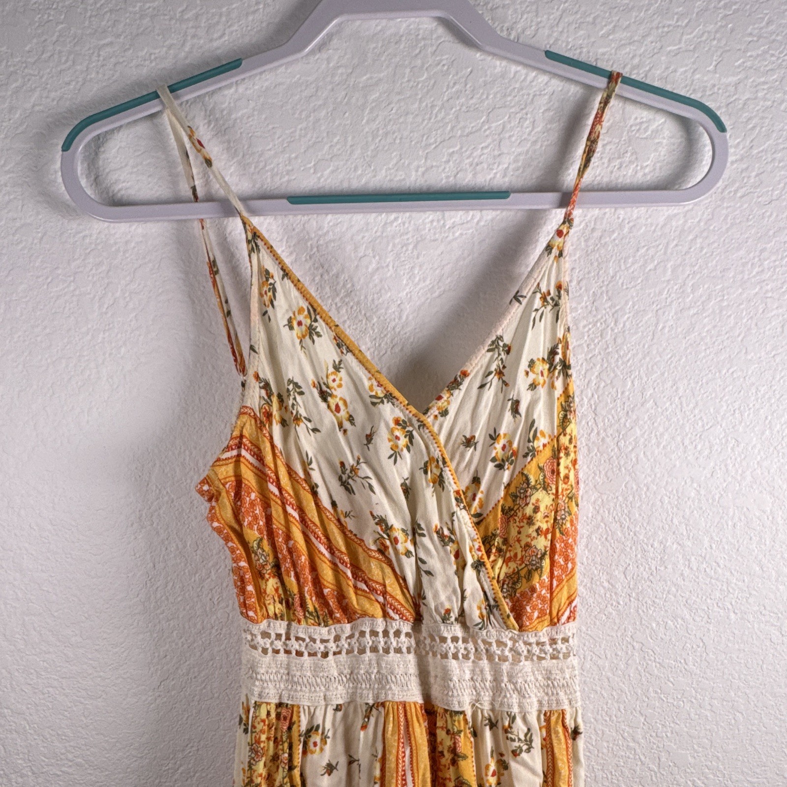 Justify Women’s M Ivory Orange Floral V-Neck Crochet Spaghetti Strap Maxi Dress