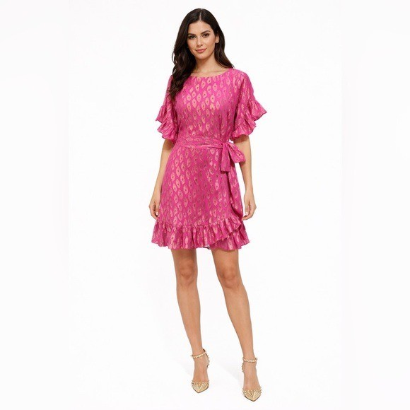 LILLY PULITZER Hot Pink Metallic Foil Wrap Dress Ruffle Hem Cocktail Dress