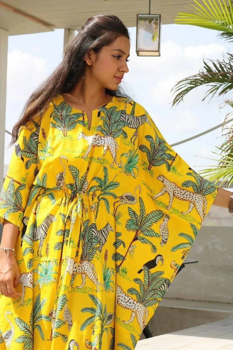 Hand Block Tiger Print Cotton Kaftan For Woman dress Winter Fall Bridesmaid Gift