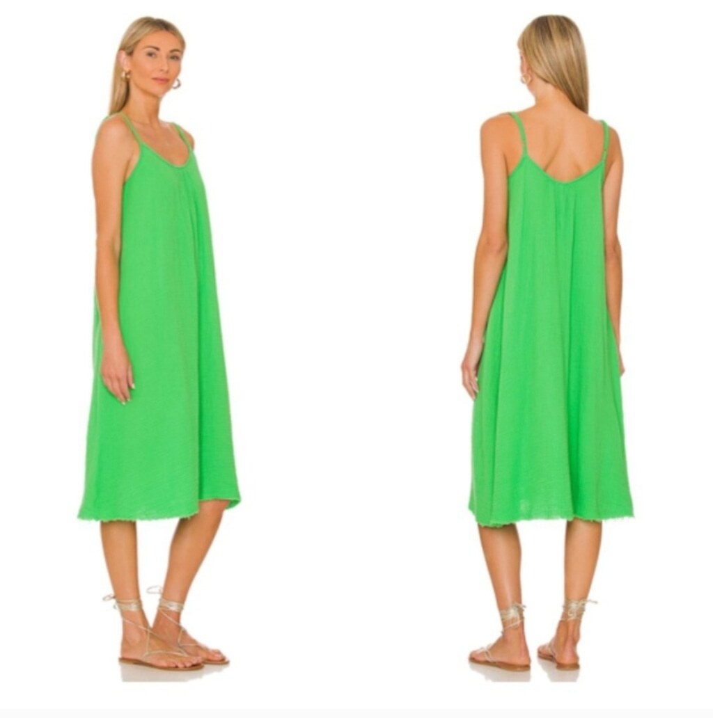 Nation LTD Adele Midi Dress Gauzy Cotton Relaxed Summer Lime Green Size XS
