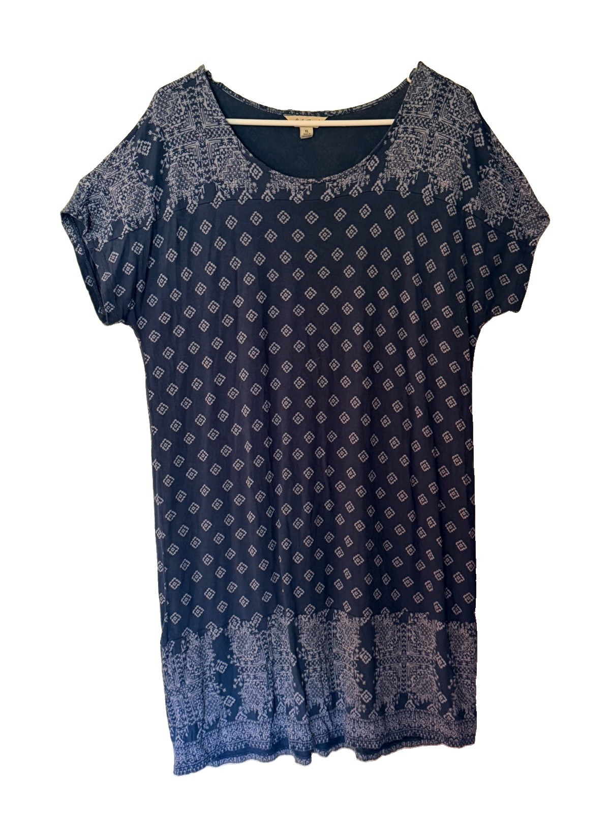 Lucky Brand XL Blue Boho Geometric Print T-Shirt Dress 100% Viscose Short Sleeve