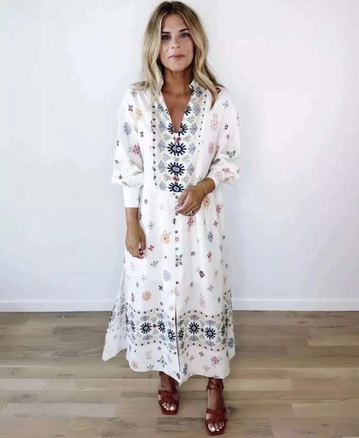 ZARA 2023. ECRU LINEN FLORAL PRINT TUNIC DRESS KAFTAN. 8038/456 SIZE M