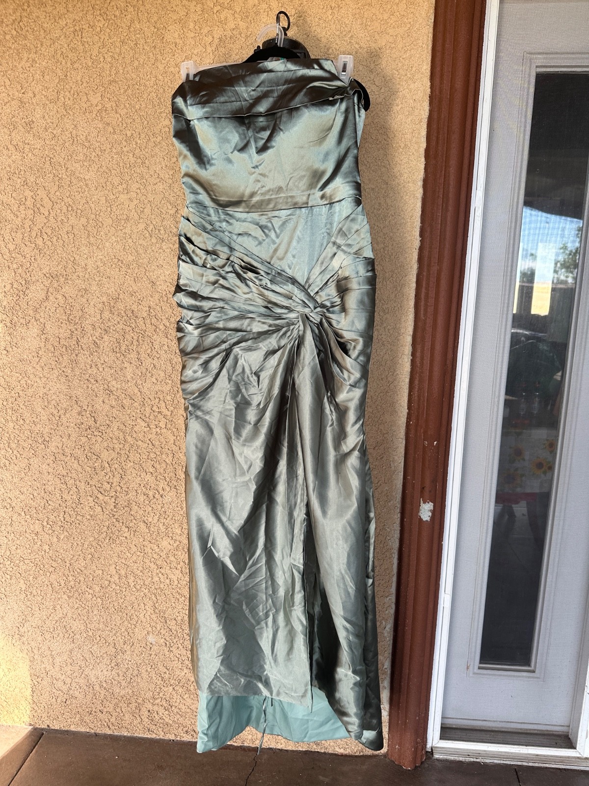Women’s Sage Green Strapless Satin Formal Gown Corset Back Long Evening Dress