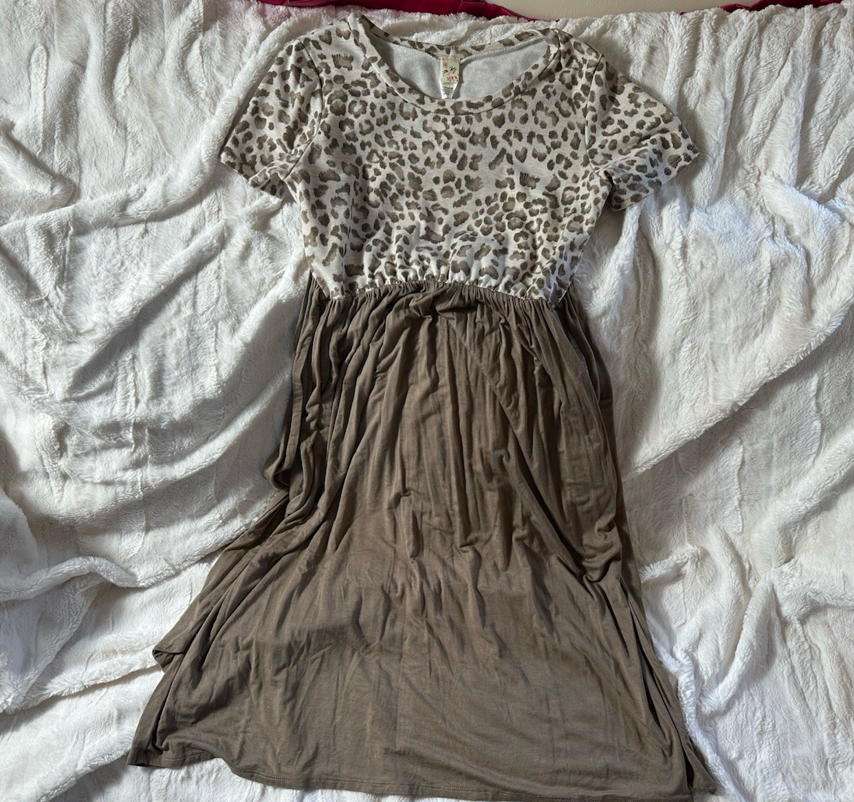 7th Ray Brown Leopard Animal Print A-Line Knee Length Dress Cap Sleeve Size L