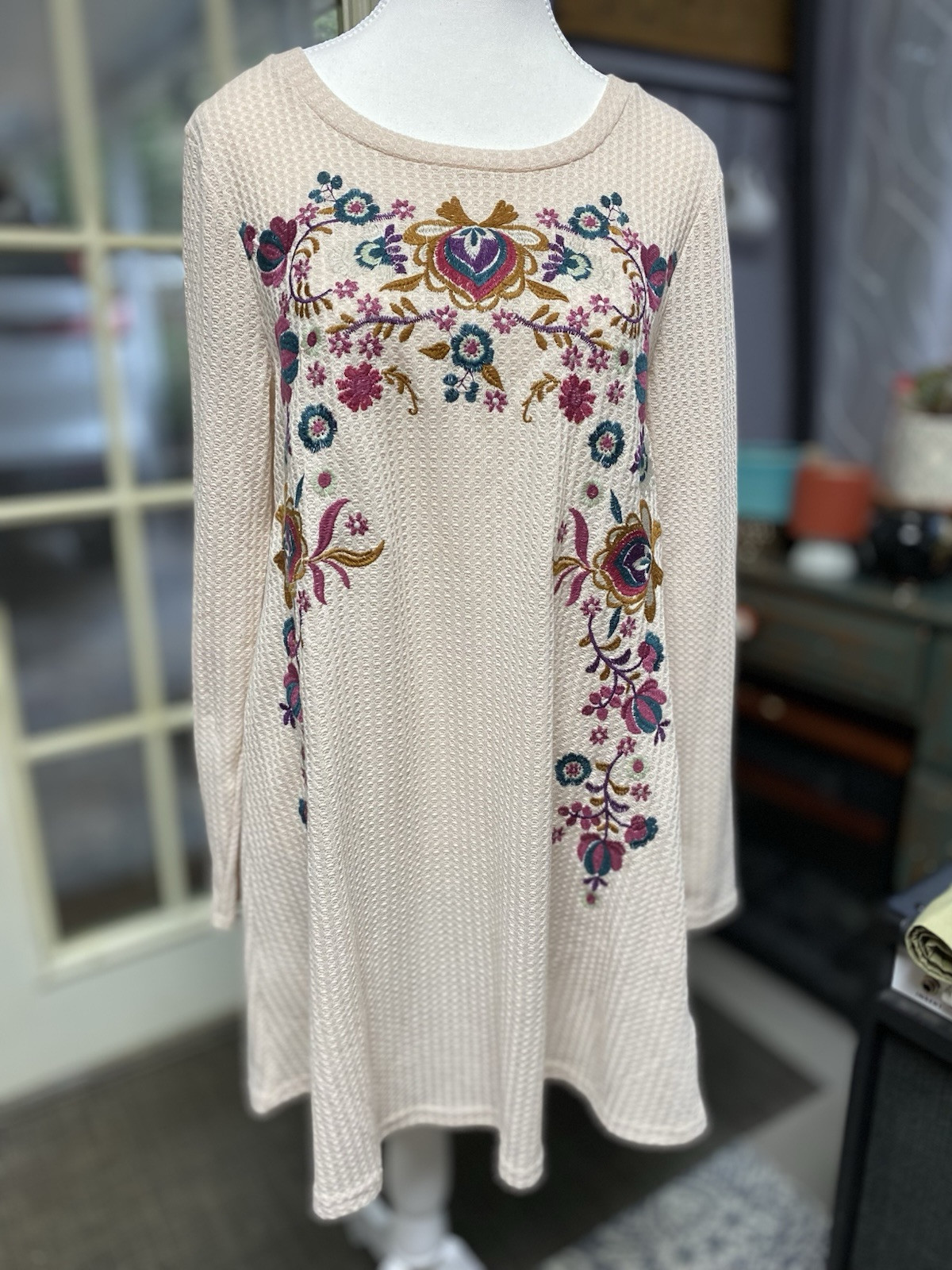 Umgee Waffle Knit Floral Embroidered Long Sleeve Dress Cream Small (p)