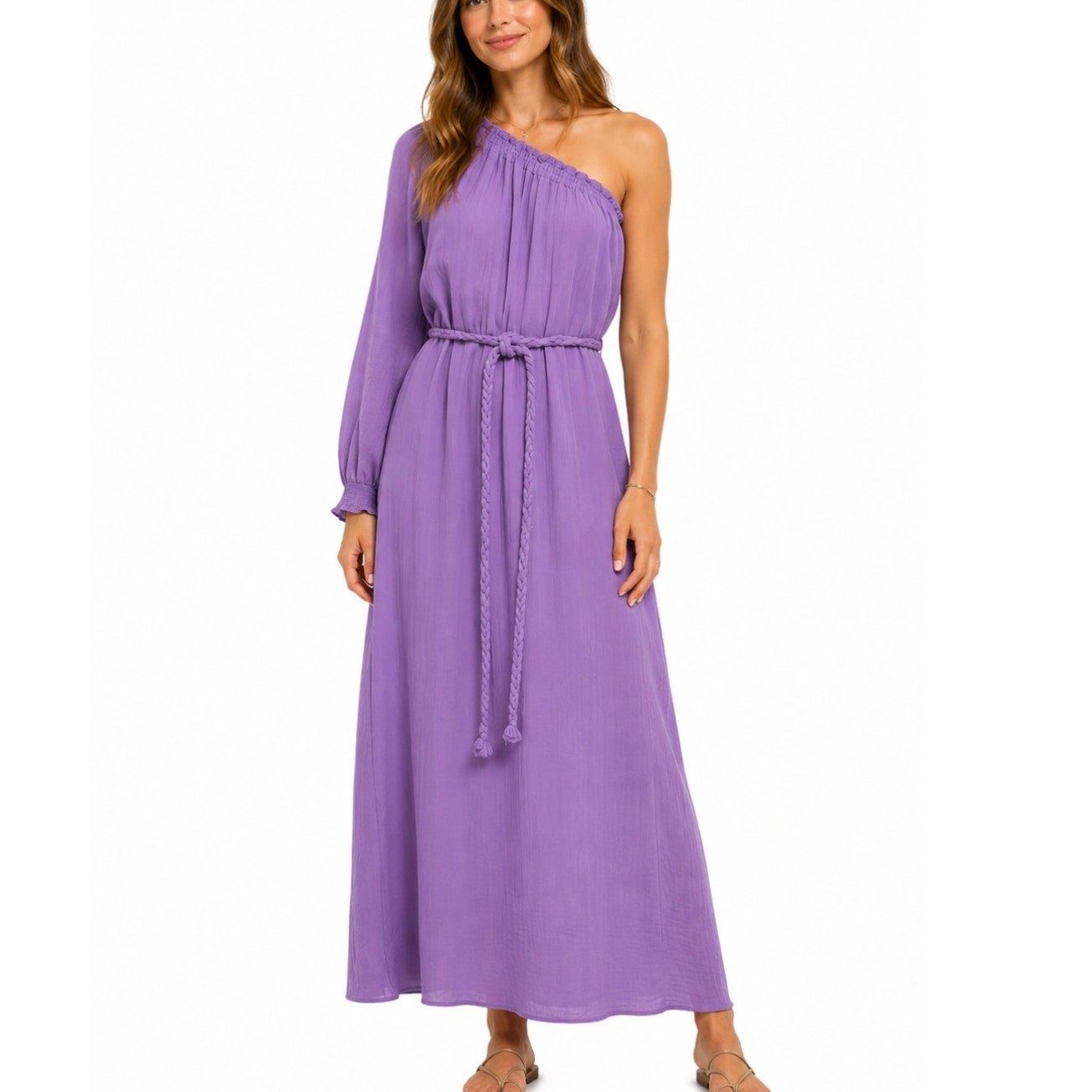 Xirena Aveline Dress Plumeria One Shoulder Braided Belt Maxi Waffle Knit M NWT