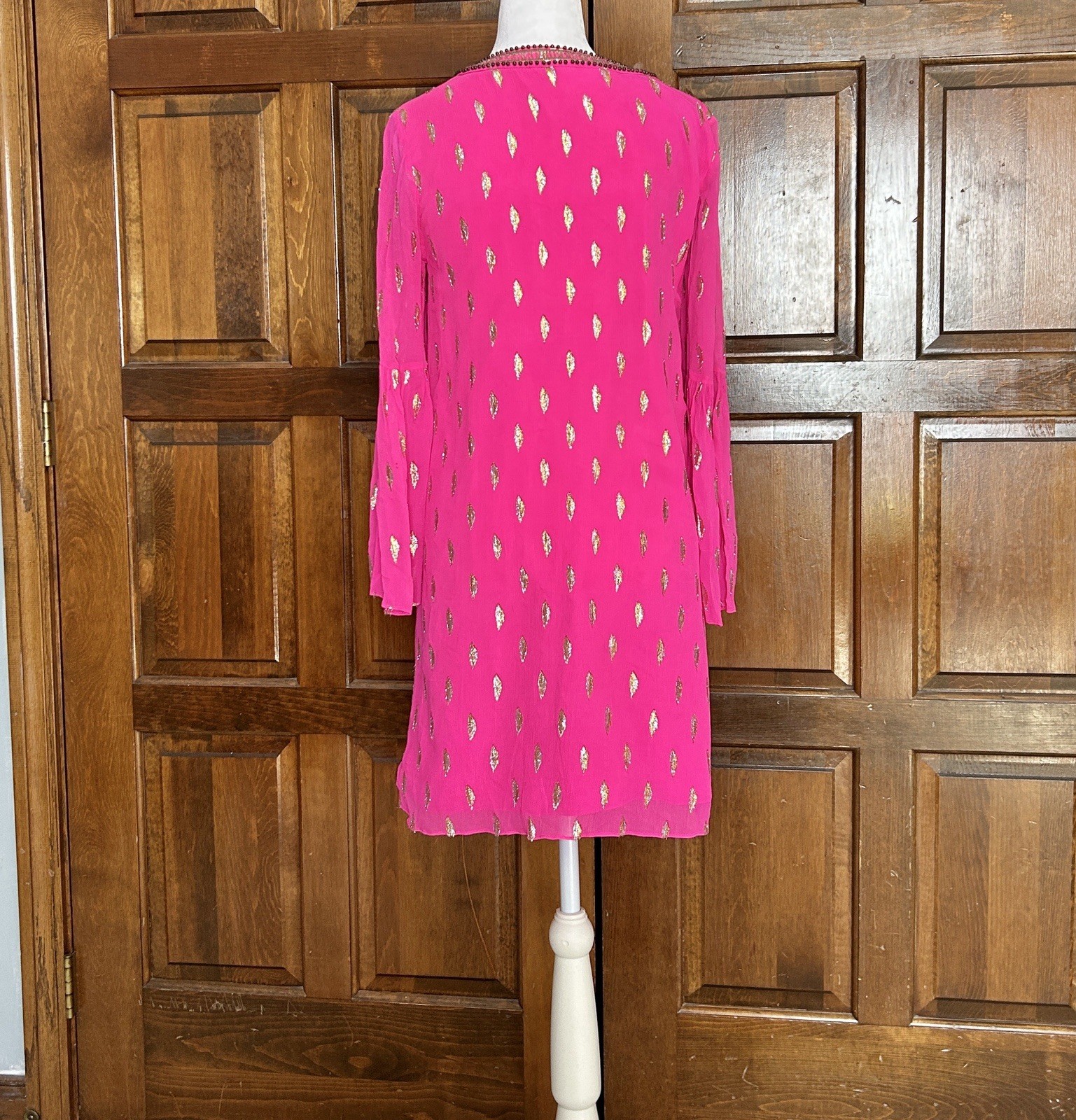 Lilly Pulitzer Amory Silk Dress Pink Gold Metallic Shift Bell Sleeve Size 2