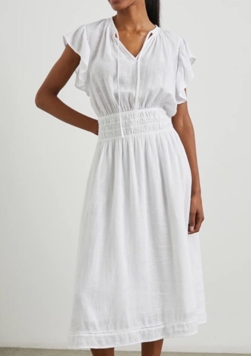 Rails Iona Linen Blend Midi Dress in White Lace Smocked Flutter Sleeves Size XS