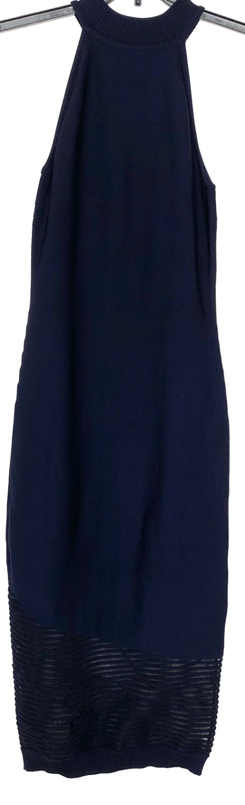 CUSHNIE ET OCHS Dark Navy Halter Mock Neck Stretch Knit Sheer Midi Dress S = 4/6