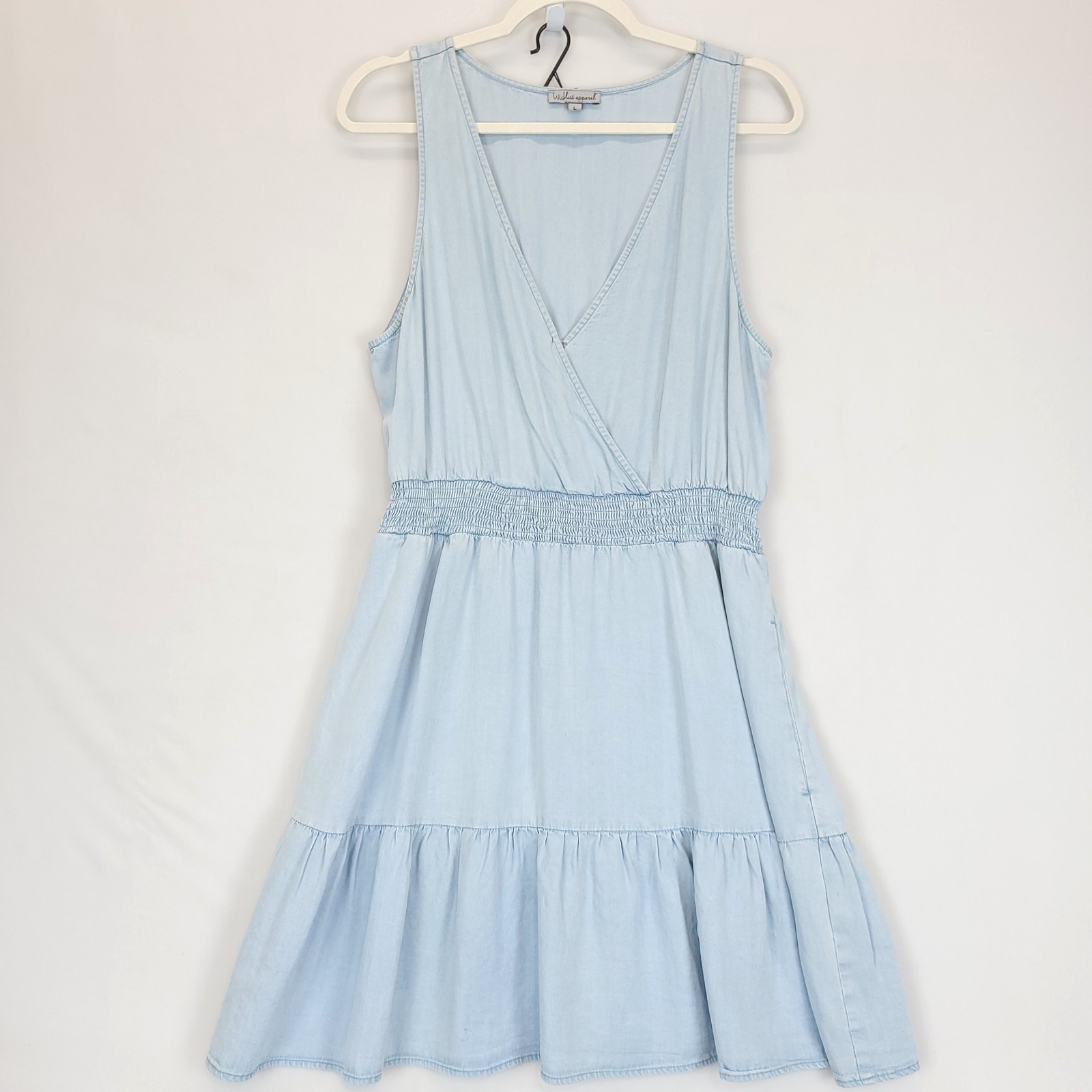 Wishlist Chambray Tencel Dress Women L Blue Smocked Tiered Ruffle Cottagecore