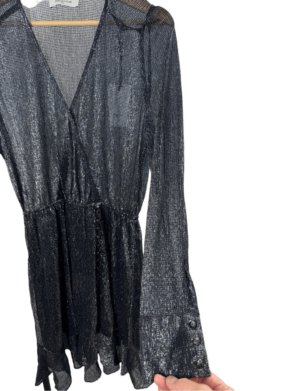 NWT Berenice Metallic Black Long Sleeve Mesh A-line Dress V-neck Ruffle Hem