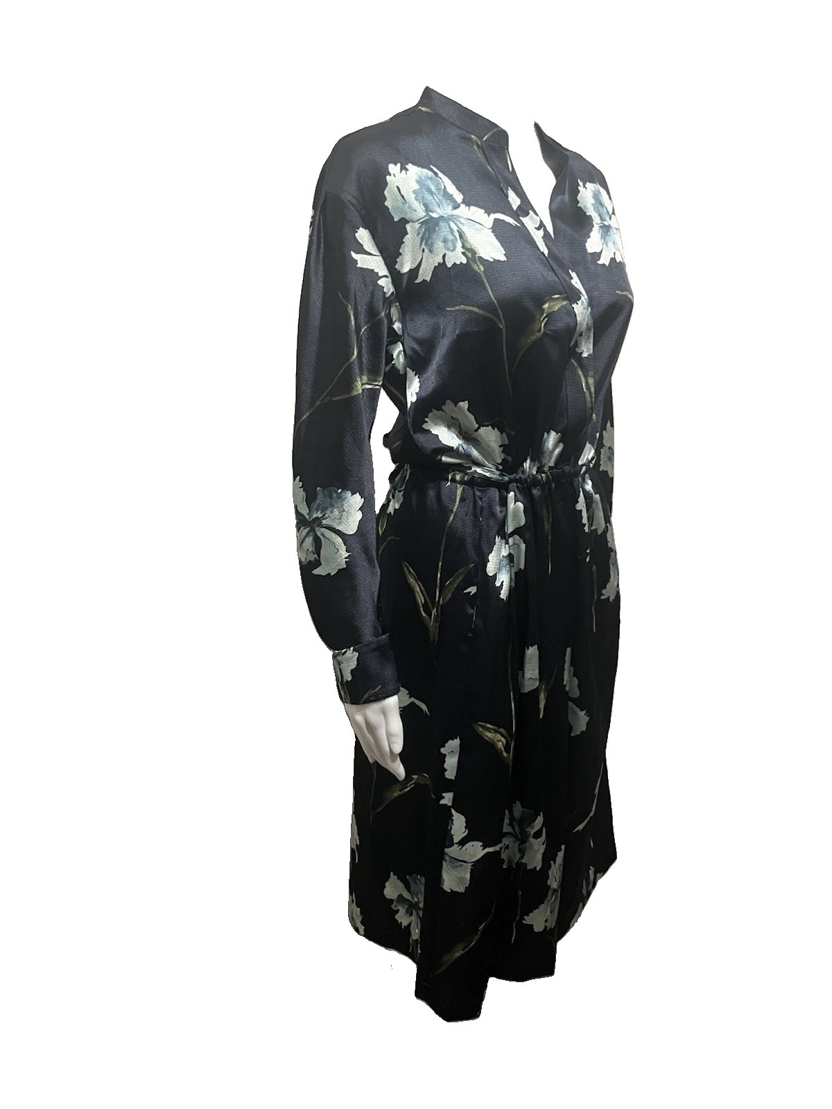 Vince Navy Floral Iris Print Long Sleeve Satin Shirt Dress Coastal Size XS $345