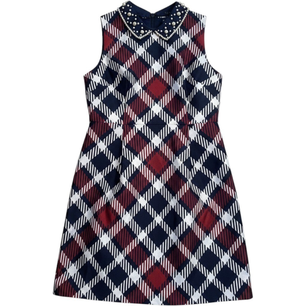 Kate Spade Plaid Dress 10 Navy Red Pearl Embellished Collar Preppy Retro