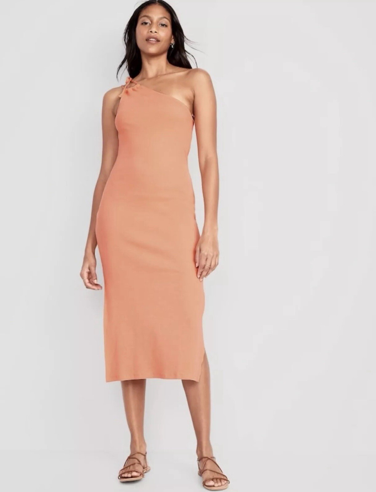 Old Navy Women’s Size S Peach Fitted One-Shoulder Rib-Knit Midi Dress $10 NWT