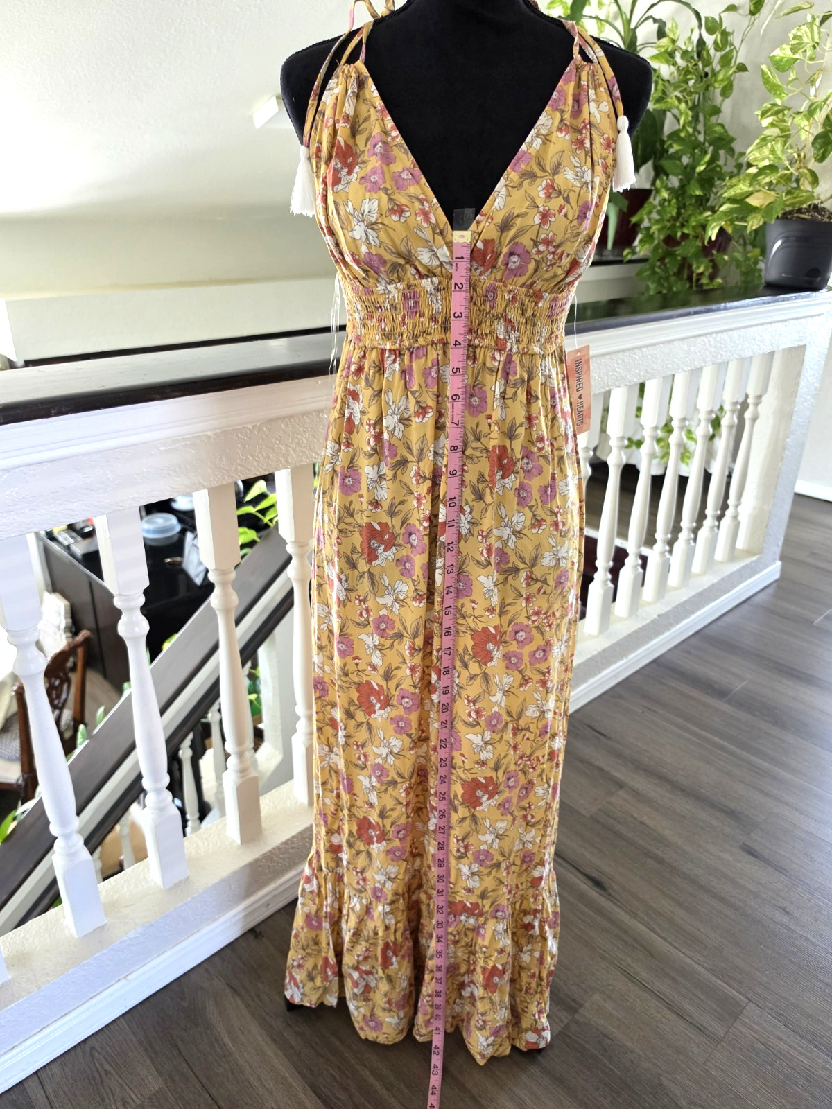 Inspired Hearts Yellow Floral V-Neck Tassel Tie Strappy Maxi Dress Womens L