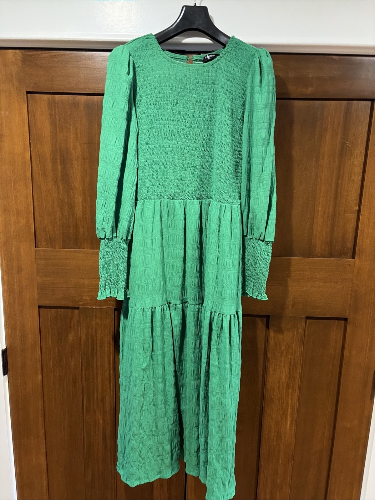 Long Sleeved. Long, Emerald Green, Balloon Sleeve, Smocked, Fall Winter Dress