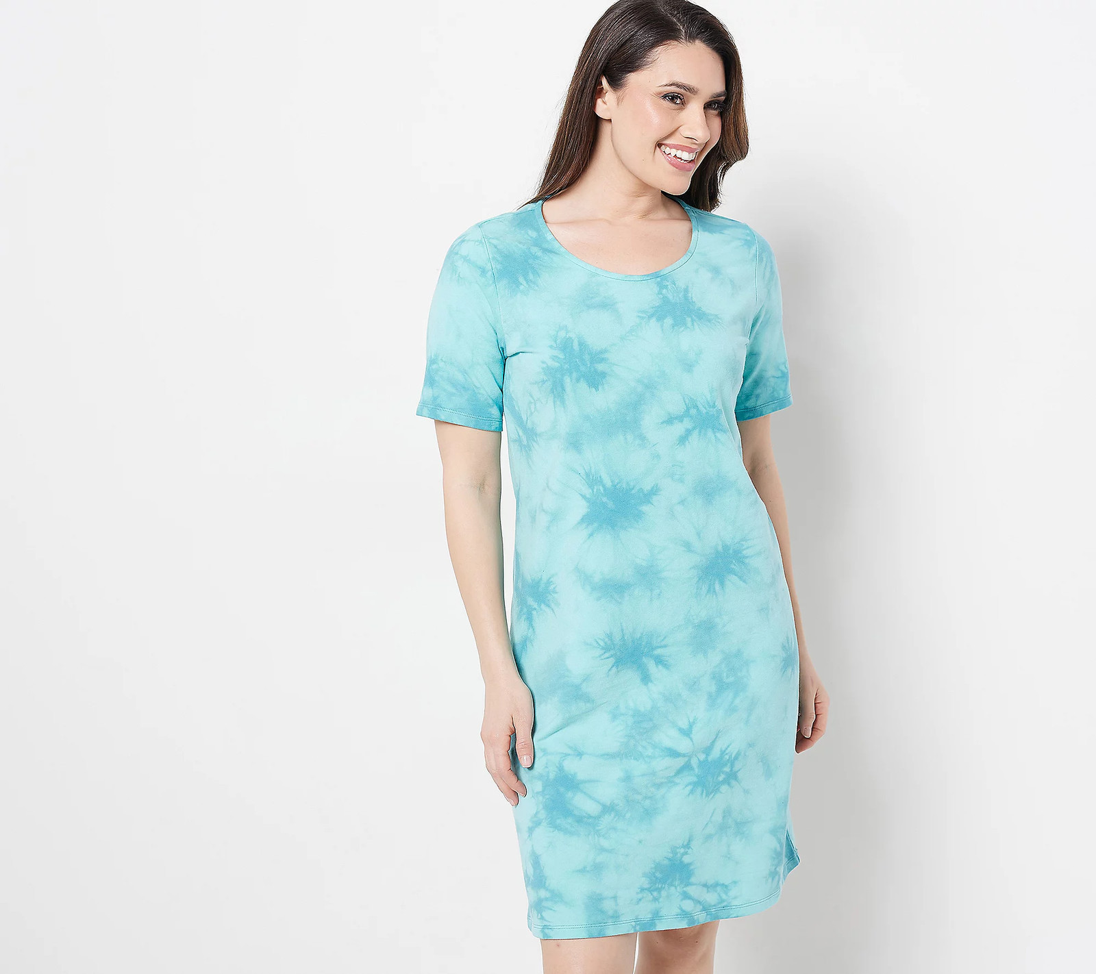 Denim & Co. Petite French Terry Crystal Wash Tie-Dye T-Shirt Dress Turquoise XS