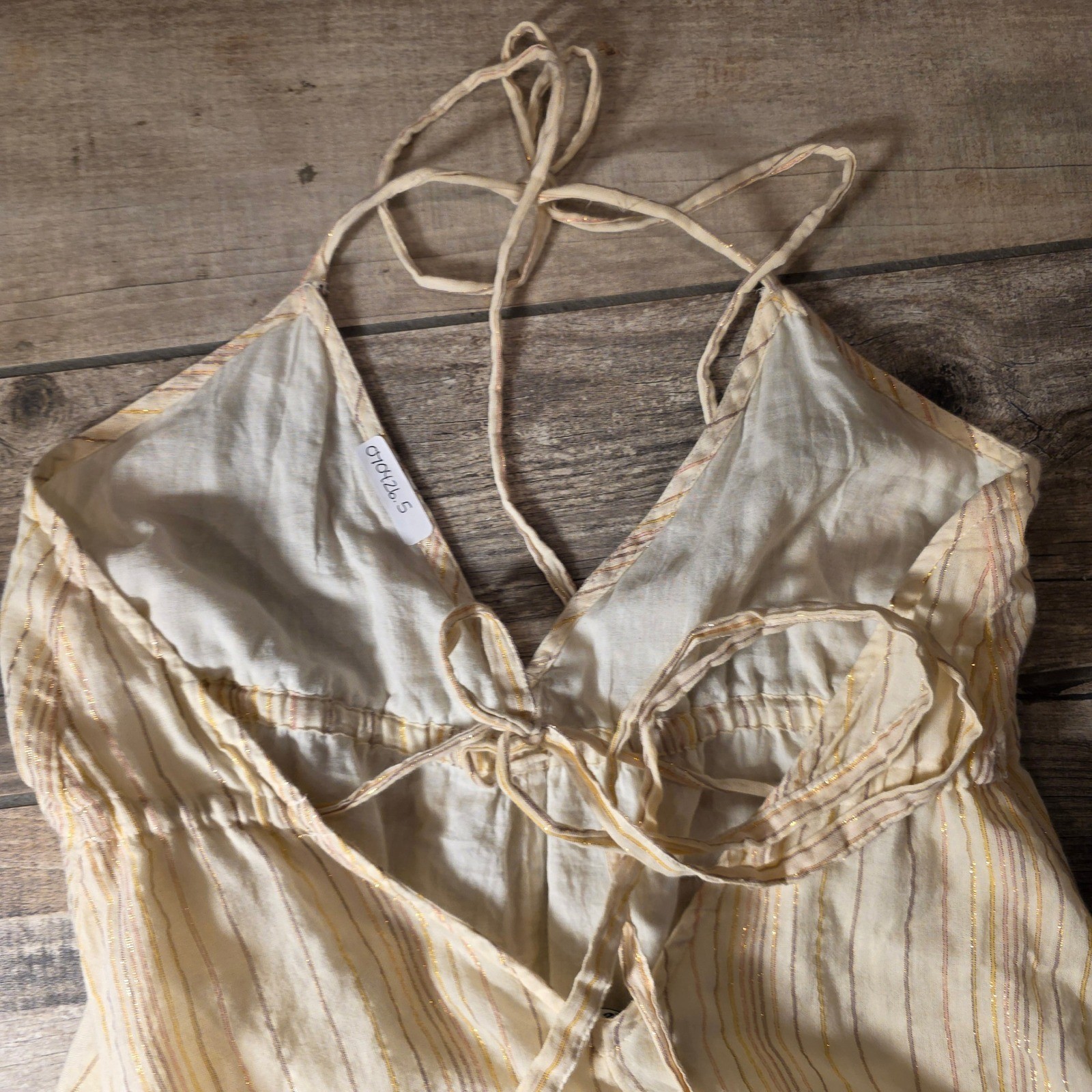 Express Metallic Gold Stripe Tiered Halter Maxi Dress Cream Boho Mens Size M