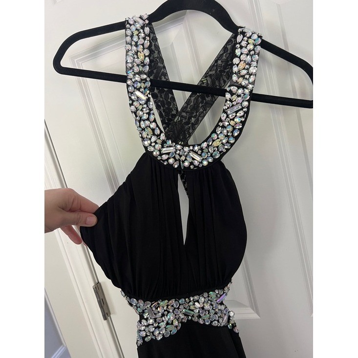 Deb Black Rhinestone Embellished Halter Formal Gown Prom Dress Open Back Size 9