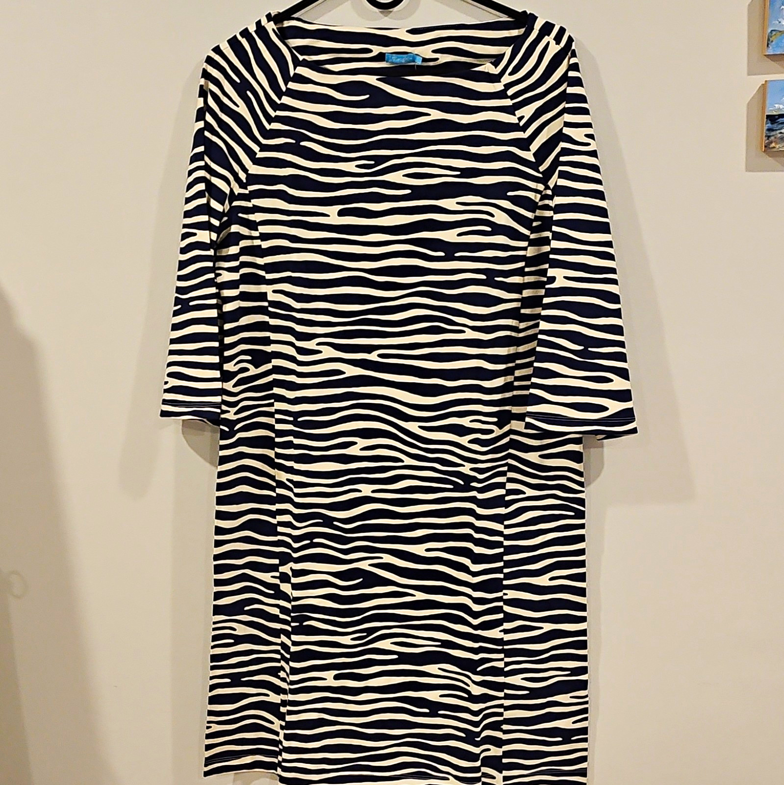 J.McLaughlin Campbell Navy/Cream Animal Print Scoop Neck 3/4 Sleeve Sheath L