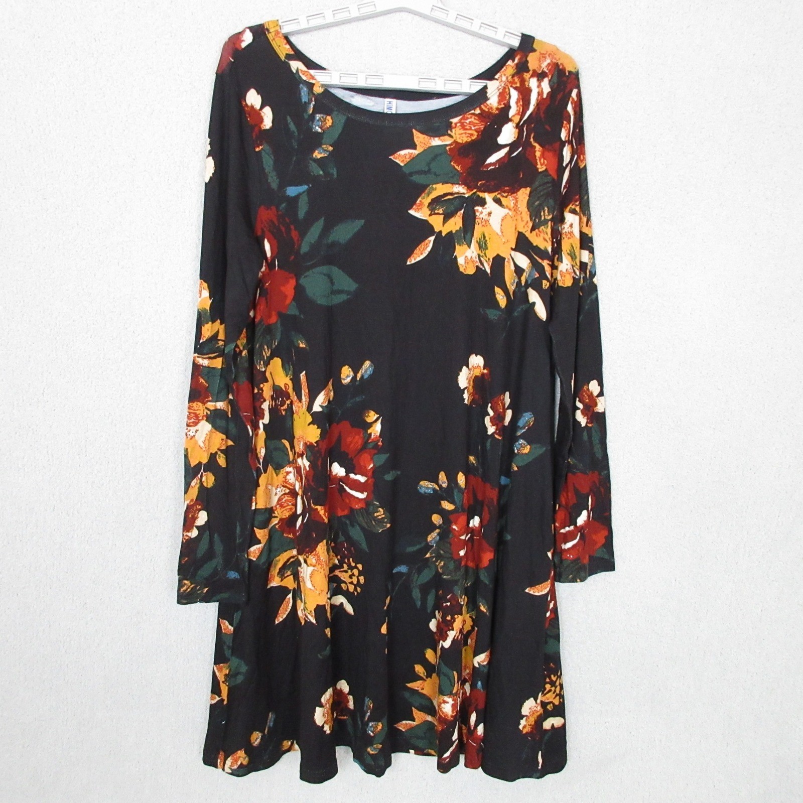 HiMONE Floral Print Dress Long Sleeve Casual Fall Tunic Black Red Gold Size XL