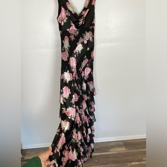 City Studio 90s Y2K Satin Chiffon Floral Maxi Dress Sz S Fairy Ruffle Cowl Neck