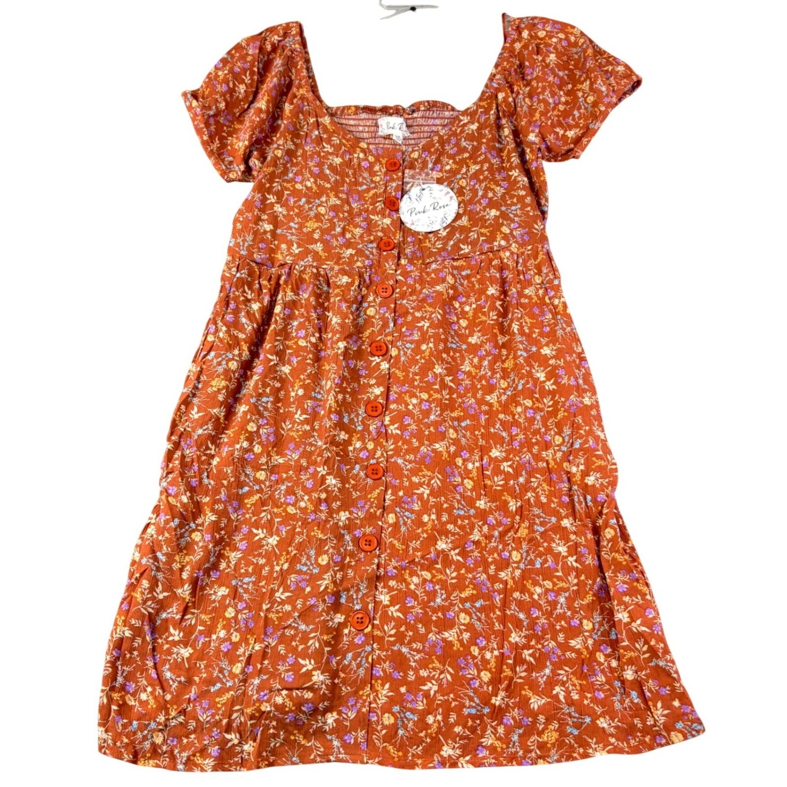 Pink Rose M Clay Floral Babydoll Dress Button Front Smocked Boho Cottage NWT